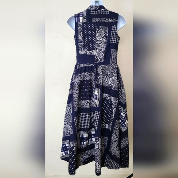 ISAAC MIZRAHI Navy Blue White Multi Print Sleeveless A-line Maxi Summer Dress XS - Picture 4 of 9